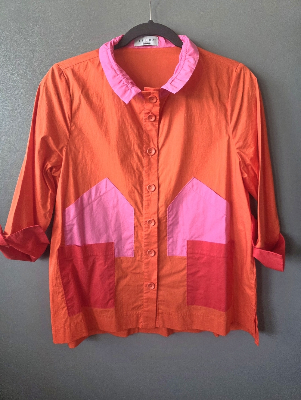 Terra SJ Apparel Art to Wear Tunic Blouse Medium Vibrant Patchwork Lagen look